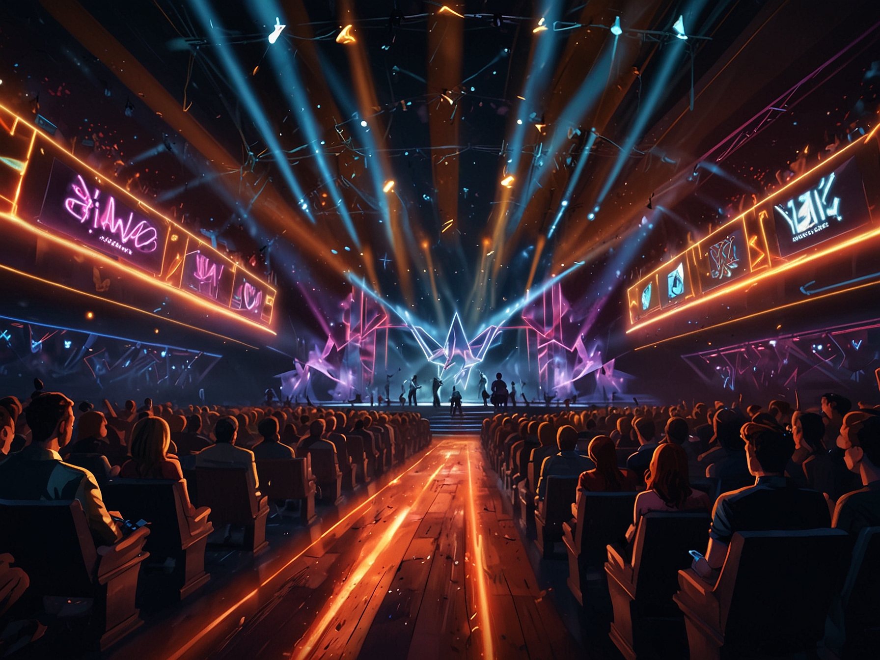 An electrifying scene from The Game Awards, showcasing the colorful stage with dynamic lighting and an enthusiastic audience, embodying the excitement of gaming celebrations.