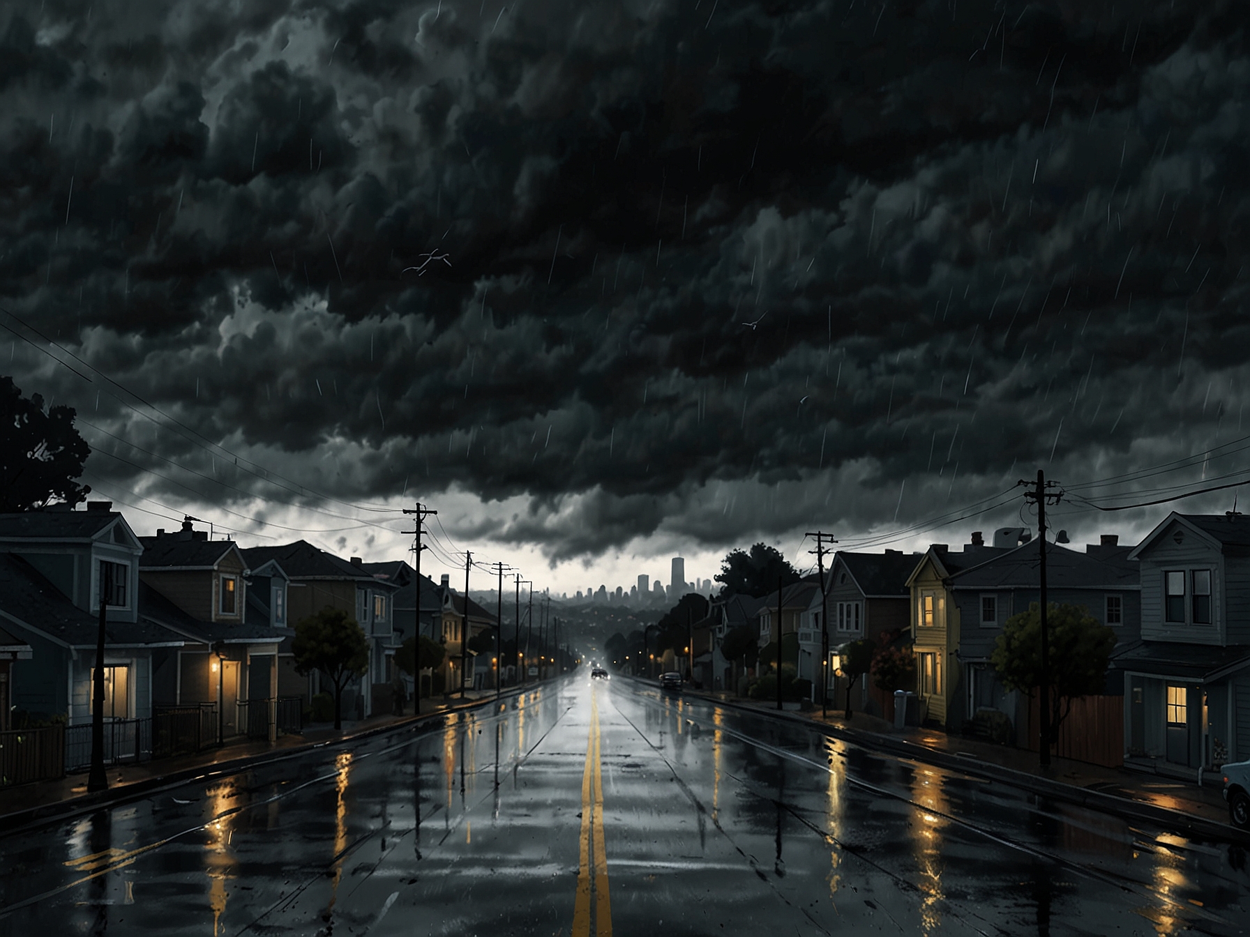 A dramatic sky over the Bay Area showcasing ominous dark rain clouds gathering, with rain starting to fall on city streets, emphasizing the upcoming storm.