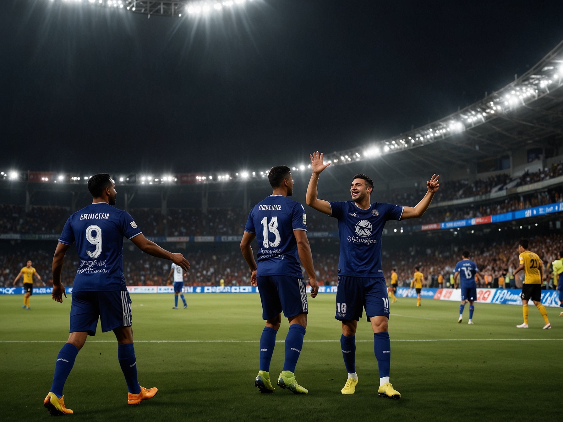 A vibrant shot of Chennaiyin FC players celebrating their early goal against Hyderabad FC, with fans cheering in the background, showcasing the electrifying atmosphere of the match.