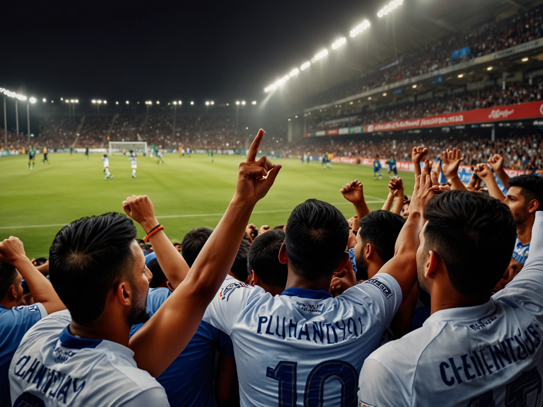 Action-packed image capturing a tense moment during the match, featuring Hyderabad FC players attacking while Chennaiyin FC defenders stand firm, symbolizing the intense competition.