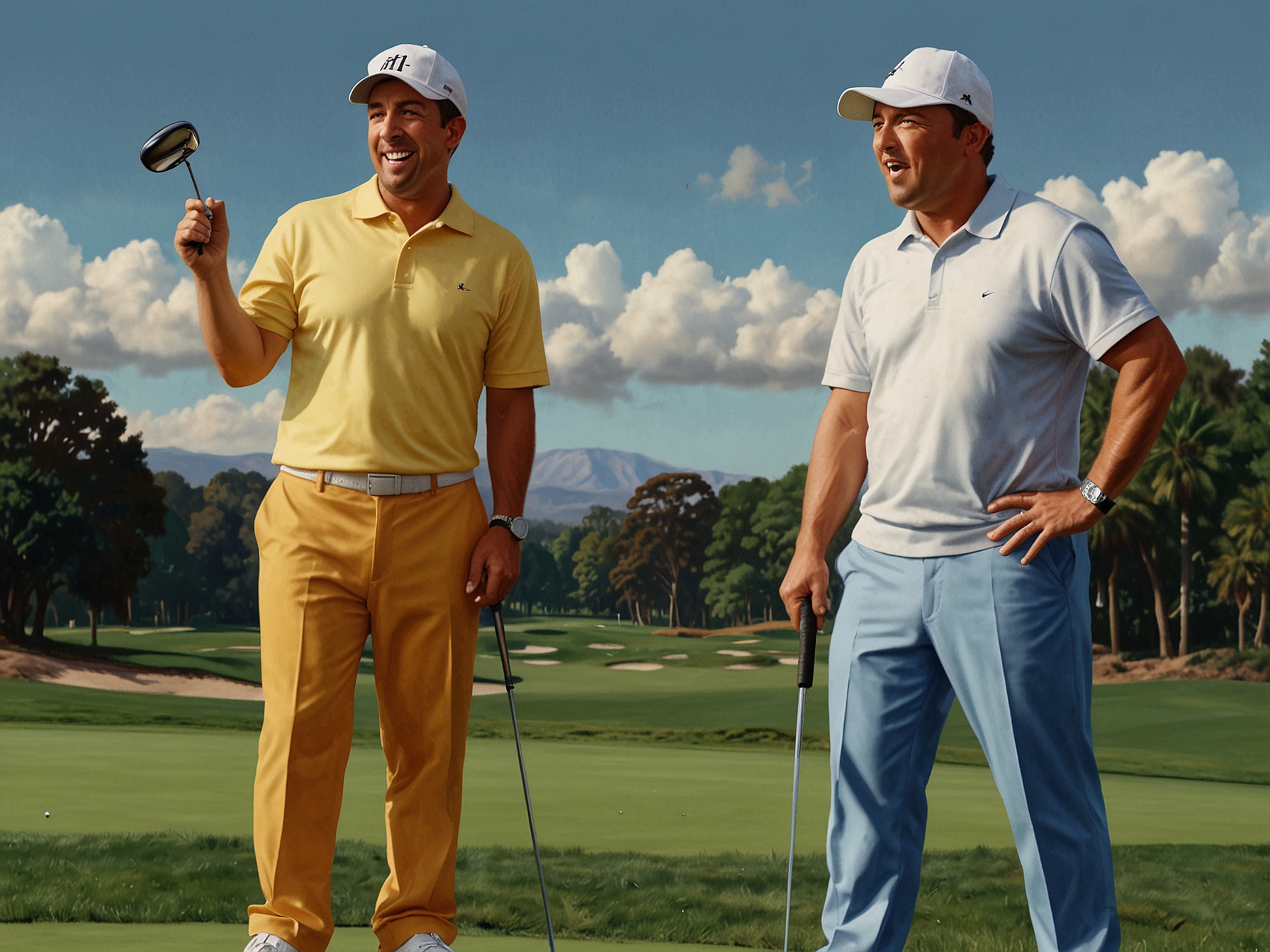 A vibrant collage featuring Adam Sandler in golf attire, Eminem making a playful gesture, and Jack Nicklaus swinging a golf club, symbolizing the fun synergy of comedy and sports in Happy Gilmore 2.