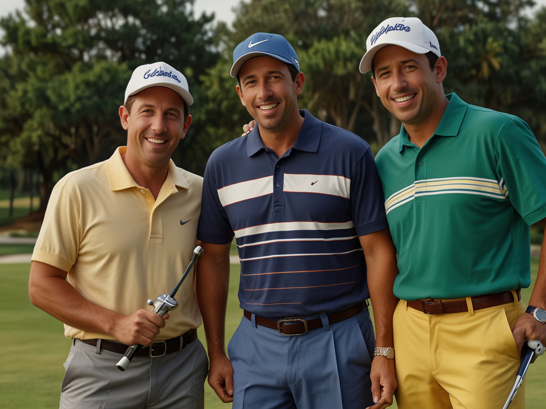 A colorful movie poster for Happy Gilmore 2, showcasing returning characters and new faces, with elements depicting comedy, golf, and celebrity cameos to attract fans.