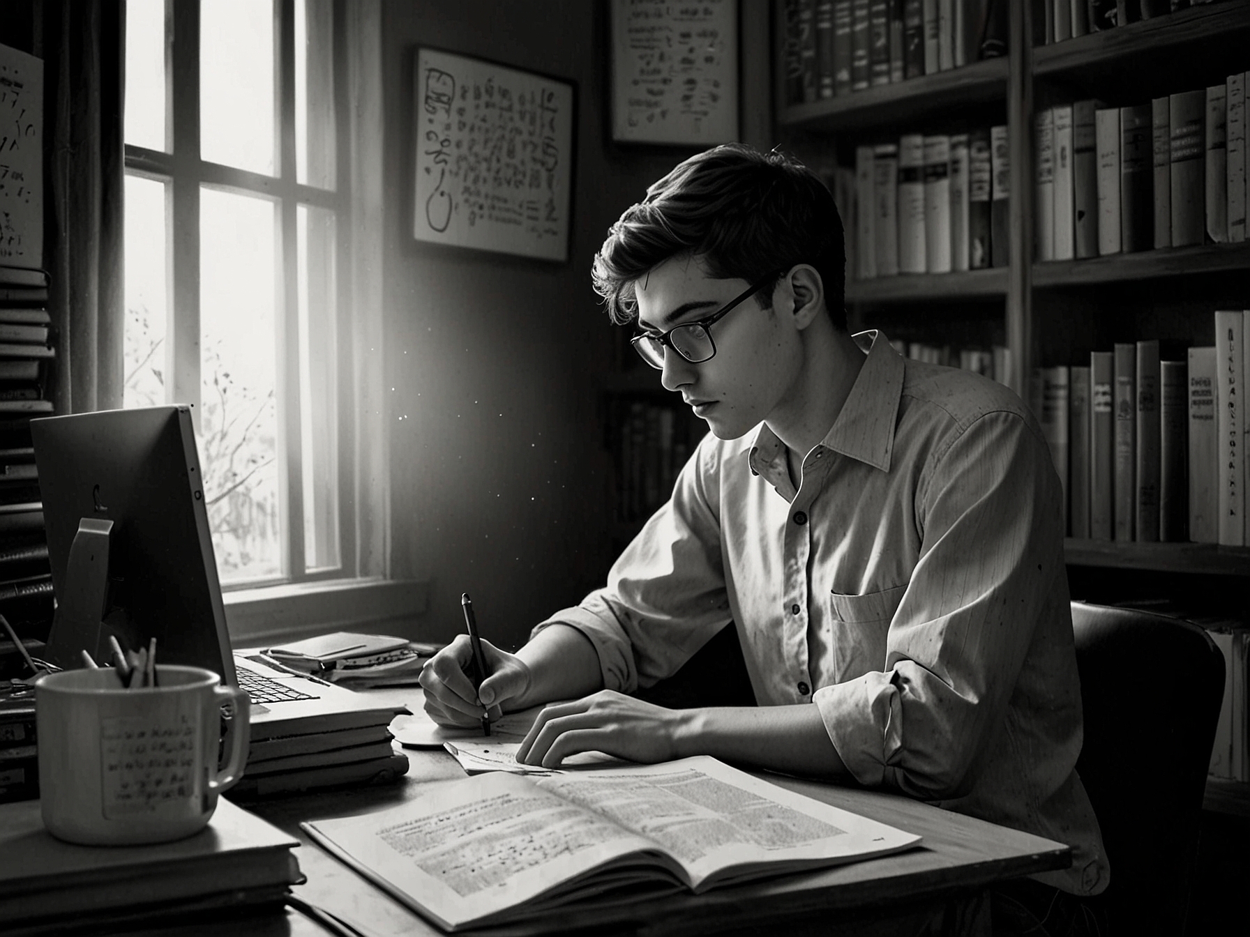 A focused student looking at their computer screen, eagerly accessing their CTET admit card, with books and study materials scattered around them, reflecting preparation for the teaching exam.