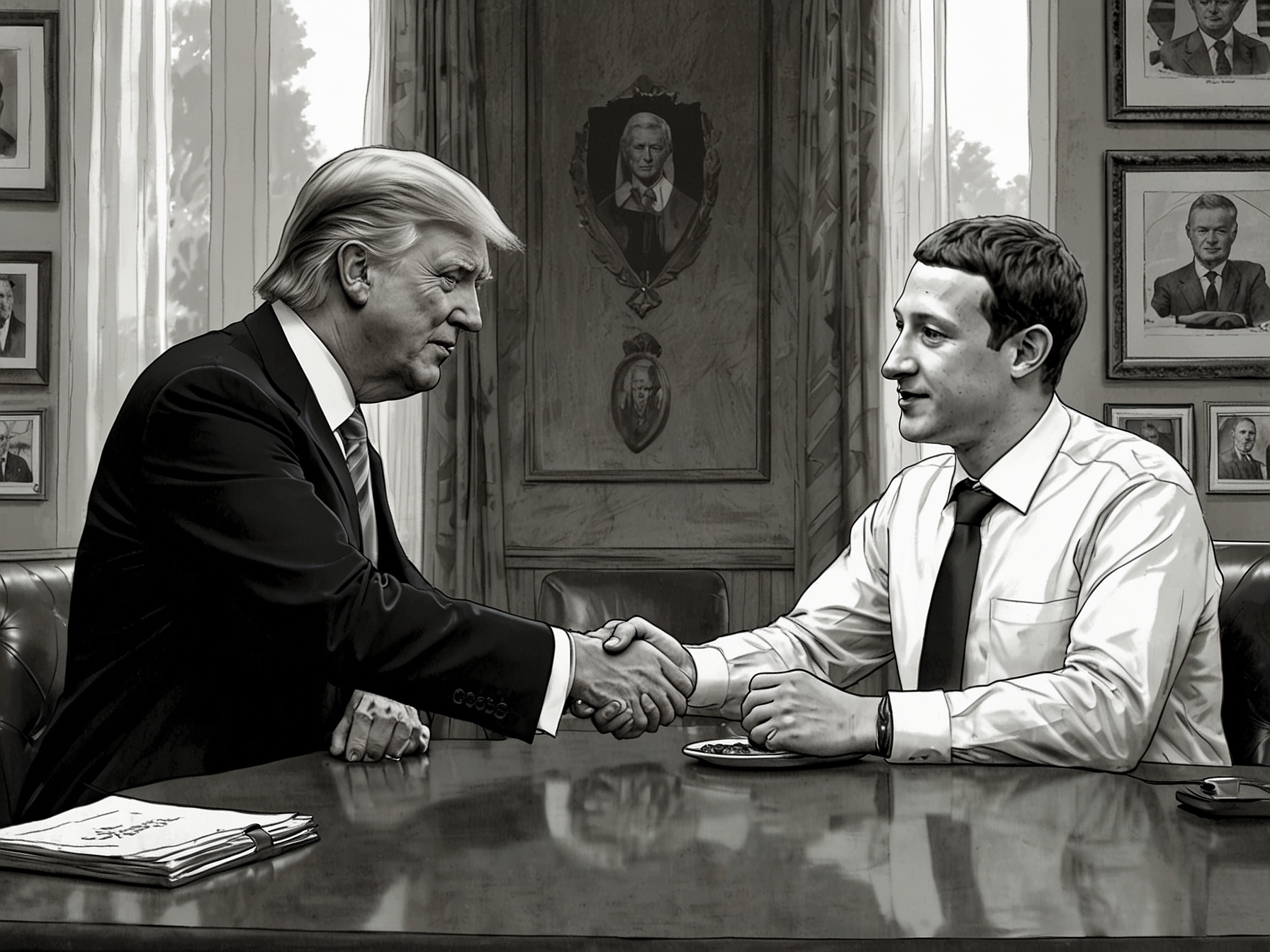 An image depicting Mark Zuckerberg and Donald Trump shaking hands at a dining table, with a backdrop of political symbols and technology devices, illustrating their newfound rapport.