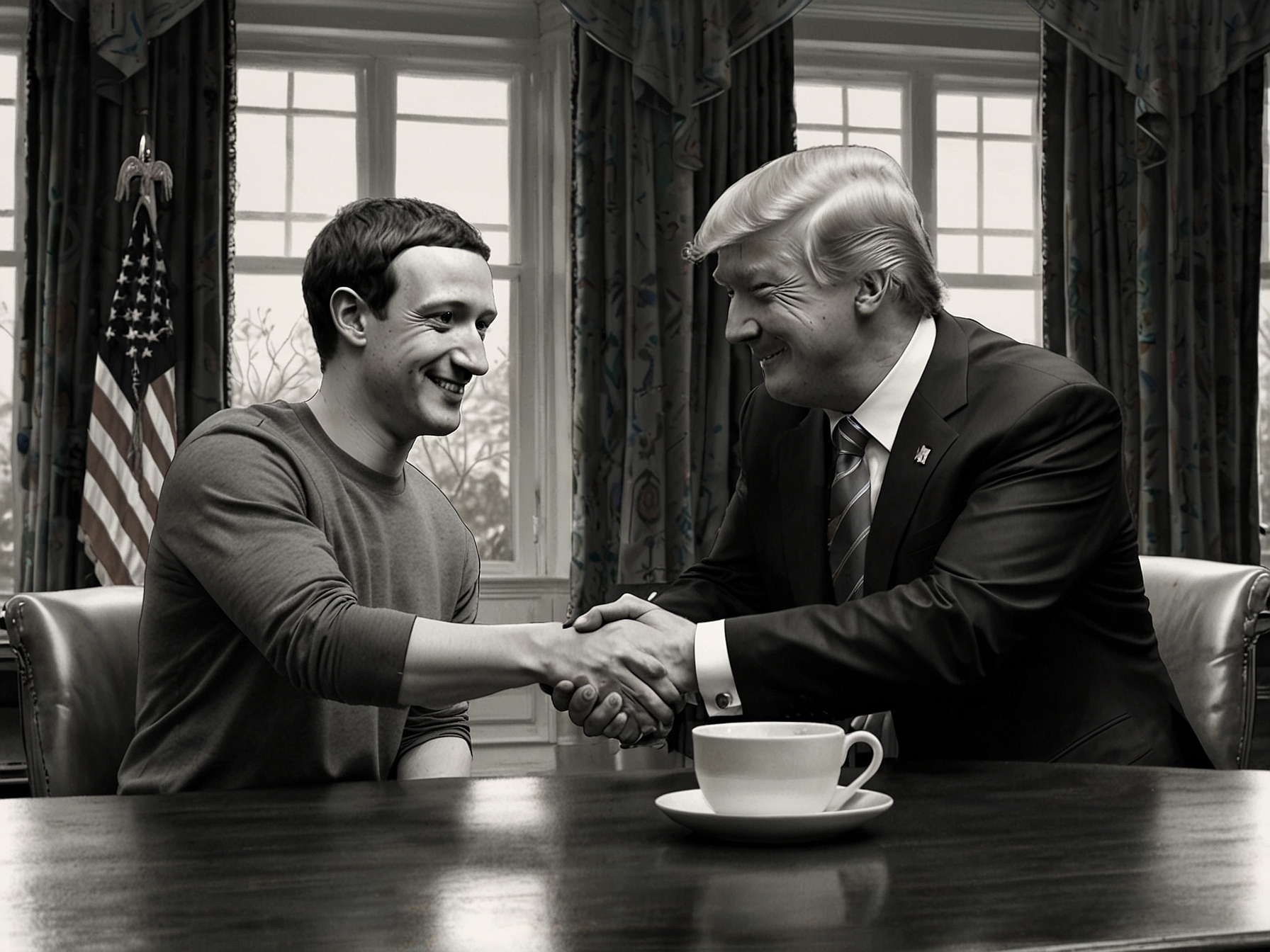 An illustration of a large check with the amount $1 million made out to Trump's inauguration committee, surrounded by social media icons and political imagery.