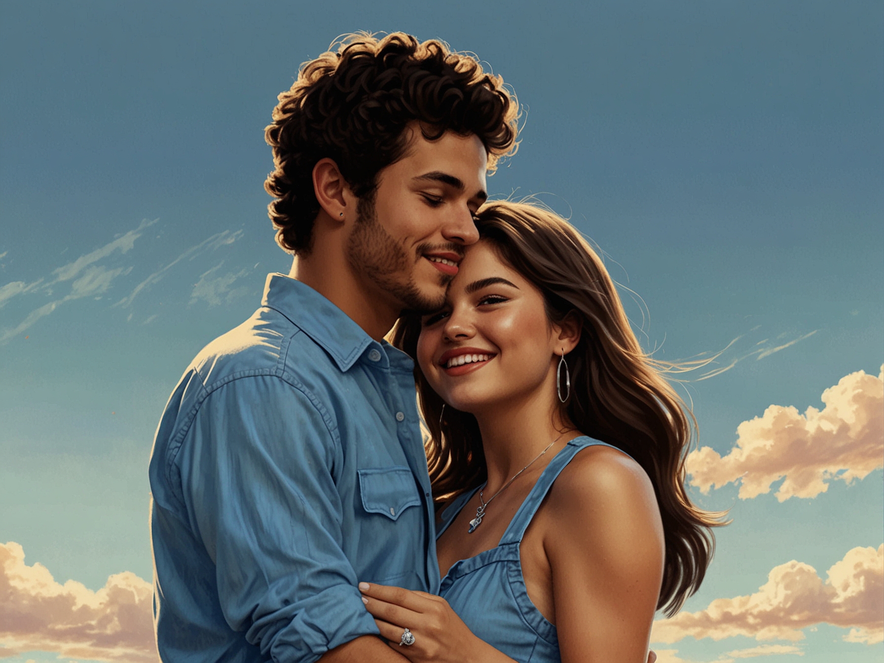 A joyful Selena Gomez gazes at her stunning engagement ring, embracing Benny Blanco under a bright blue sky, exuding happiness and love in their relationship.