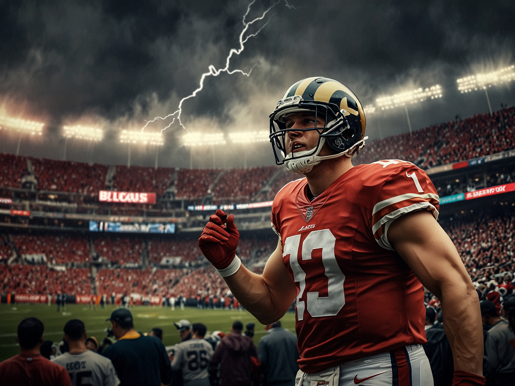 An electrifying scene at Levi's Stadium during the Rams vs. 49ers game, showcasing fans with team colors and signs, expressing their enthusiasm and anticipation for the divisional clash.