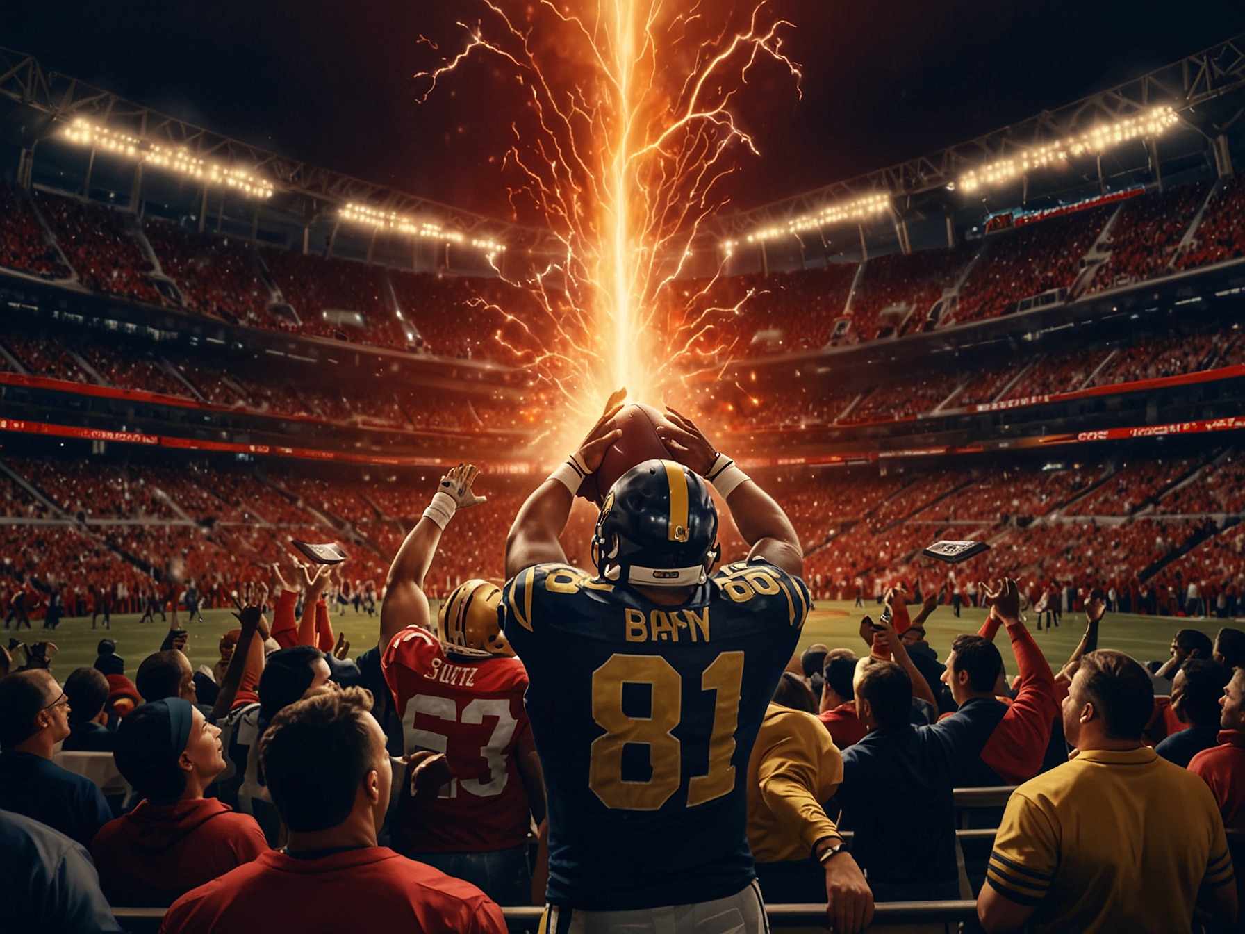 Action-packed moment with Rams quarterback Matthew Stafford executing a pass, surrounded by 49ers defenders trying to disrupt the play, capturing the game's intensity and competitive spirit.