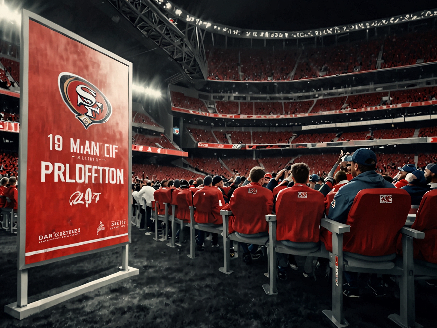 A close-up of fans decked out in Rams and 49ers gear, holding their breath in the stands, illustrating the passion and rivalry that defines this critical NFC West matchup.