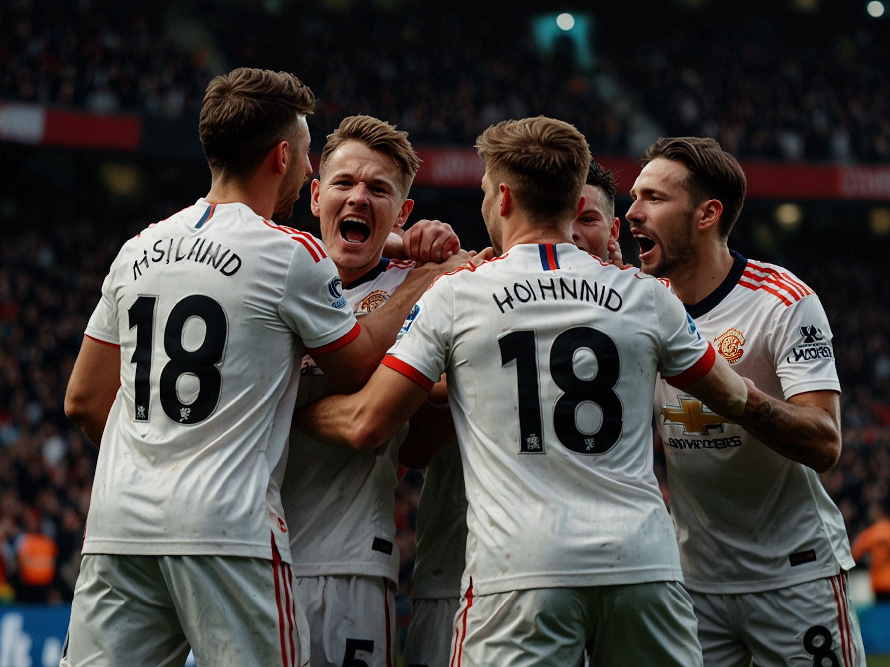 A dramatic moment during the match with Manchester United players celebrating Rasmus Hojlund's last-minute goal, encapsulating the tension and emotions of the game.