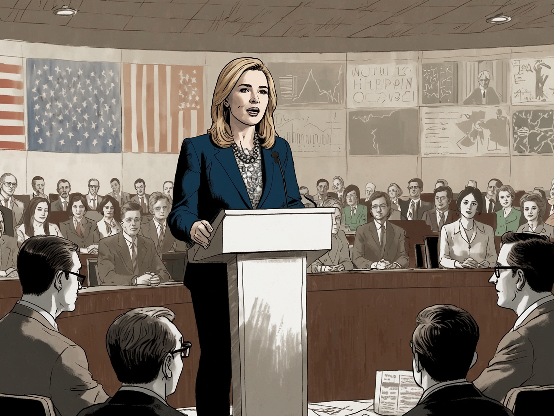 An image of Kari Lake giving a speech, symbolizing her new leadership role at Voice of America amidst a backdrop of media symbols and traditional news broadcasting elements.