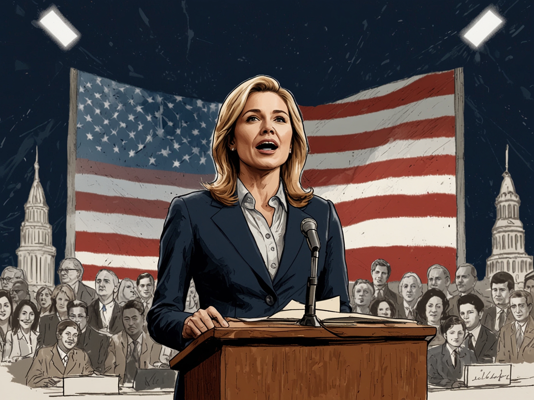 A split image showing Kari Lake on one side with vibrant crowds and expressions of support, and on the other, critics holding signs questioning her appointment, illustrating the divided public opinion.