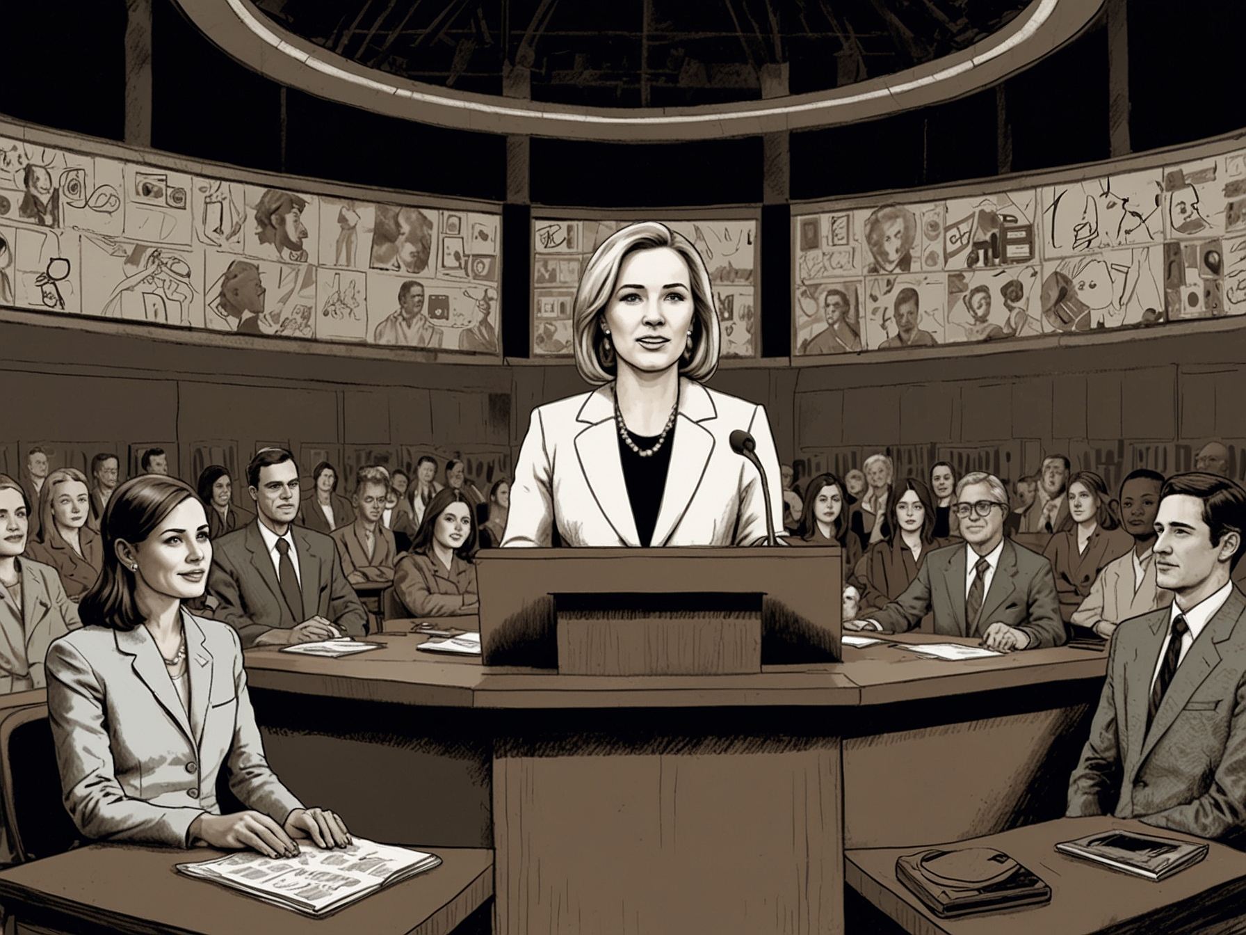 A depiction of Voice of America’s logo alongside a gavel and ballot box, representing the intersection of media, politics, and electoral integrity in the context of Kari Lake's leadership.