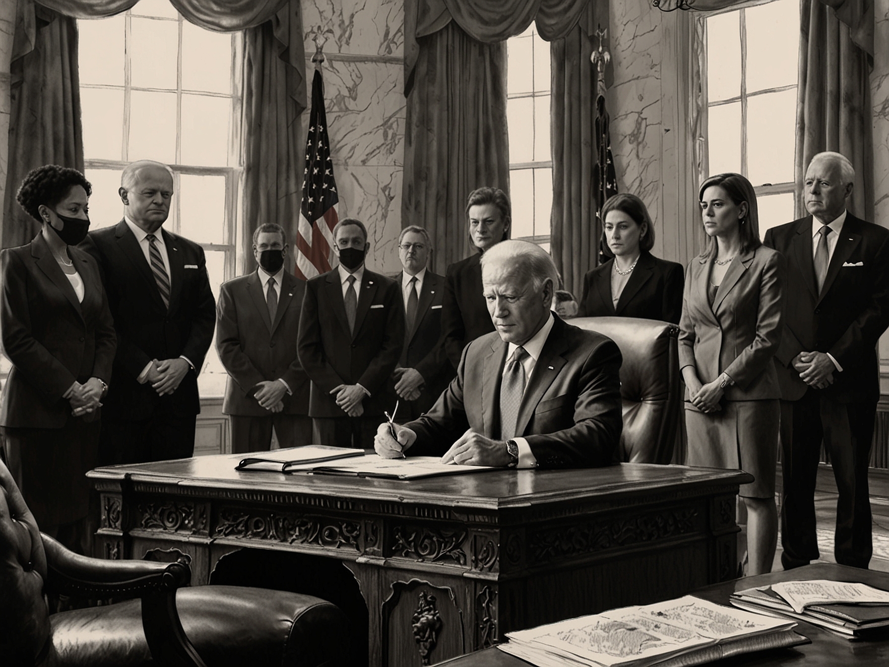 An image depicting President Joe Biden signing a clemency order in a well-lit office, surrounded by advocates for criminal justice reform and individuals impacted by his recent decisions.