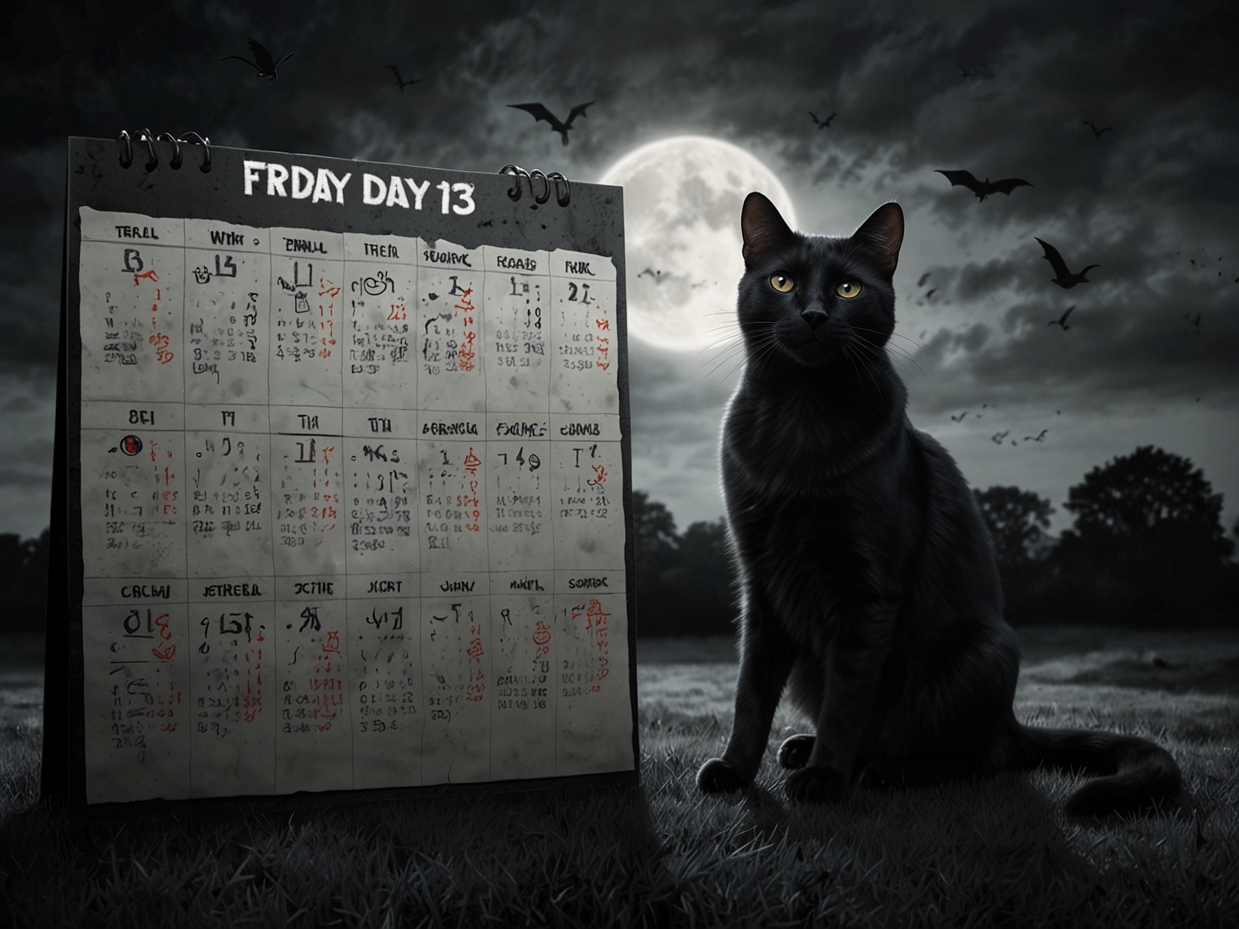 An illustration of a gloomy calendar page marked with Friday the 13th, featuring ominous symbols like black cats, ladders, and skulls, representing various superstitions associated with the day.