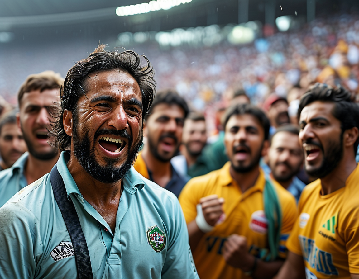 A tense cricket match scene showing Afghan players celebrating after securing a victory against Zimbabwe, with a packed stadium in the background watching eagerly. Rashid Khan is visible leading his teammates in jubilation.
