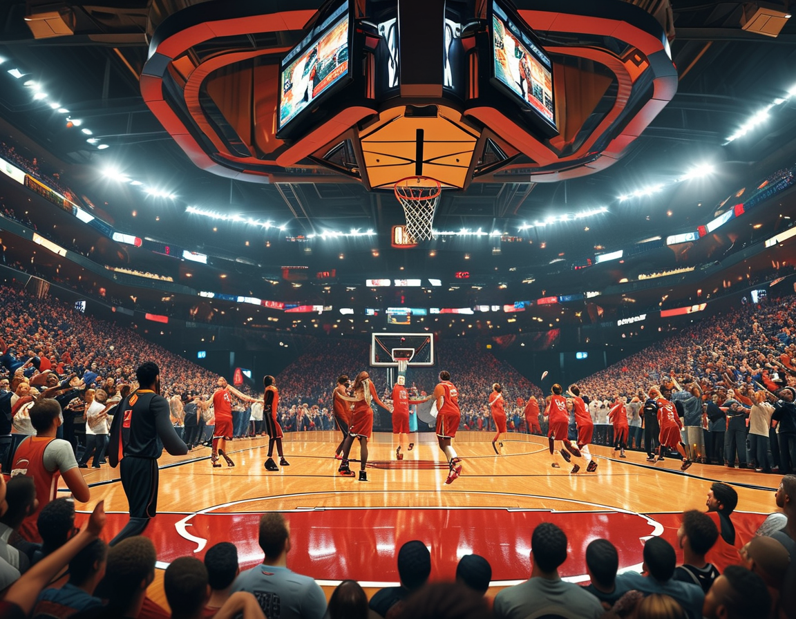 A dynamic basketball scene showing the 76ers and Pacers in action, highlighting key players on the court while fans cheer enthusiastically in the Wells Fargo Center.
