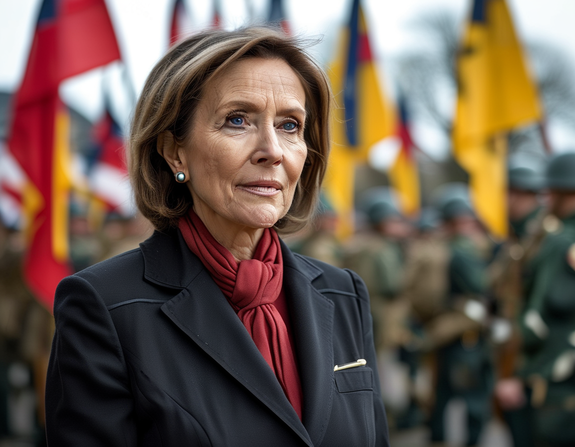 A poignant image of Nancy Pelosi at the commemorations in Luxembourg, surrounded by veterans and flags, capturing the solemnity of the event and her commitment to honoring those who served in WWII.