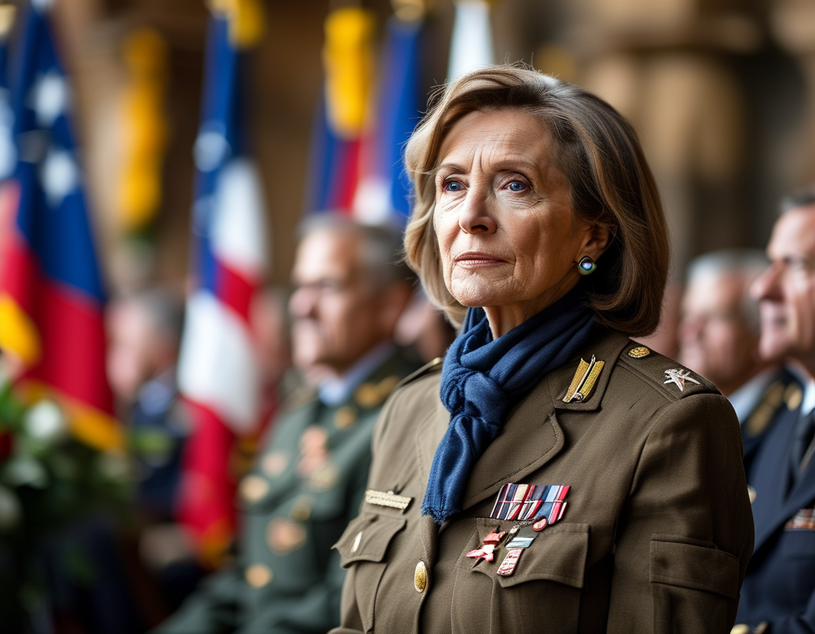 A serene hospital scene with Nancy Pelosi receiving care, reflecting her determination and resilience as she recovers while continuing to honor WWII veterans.