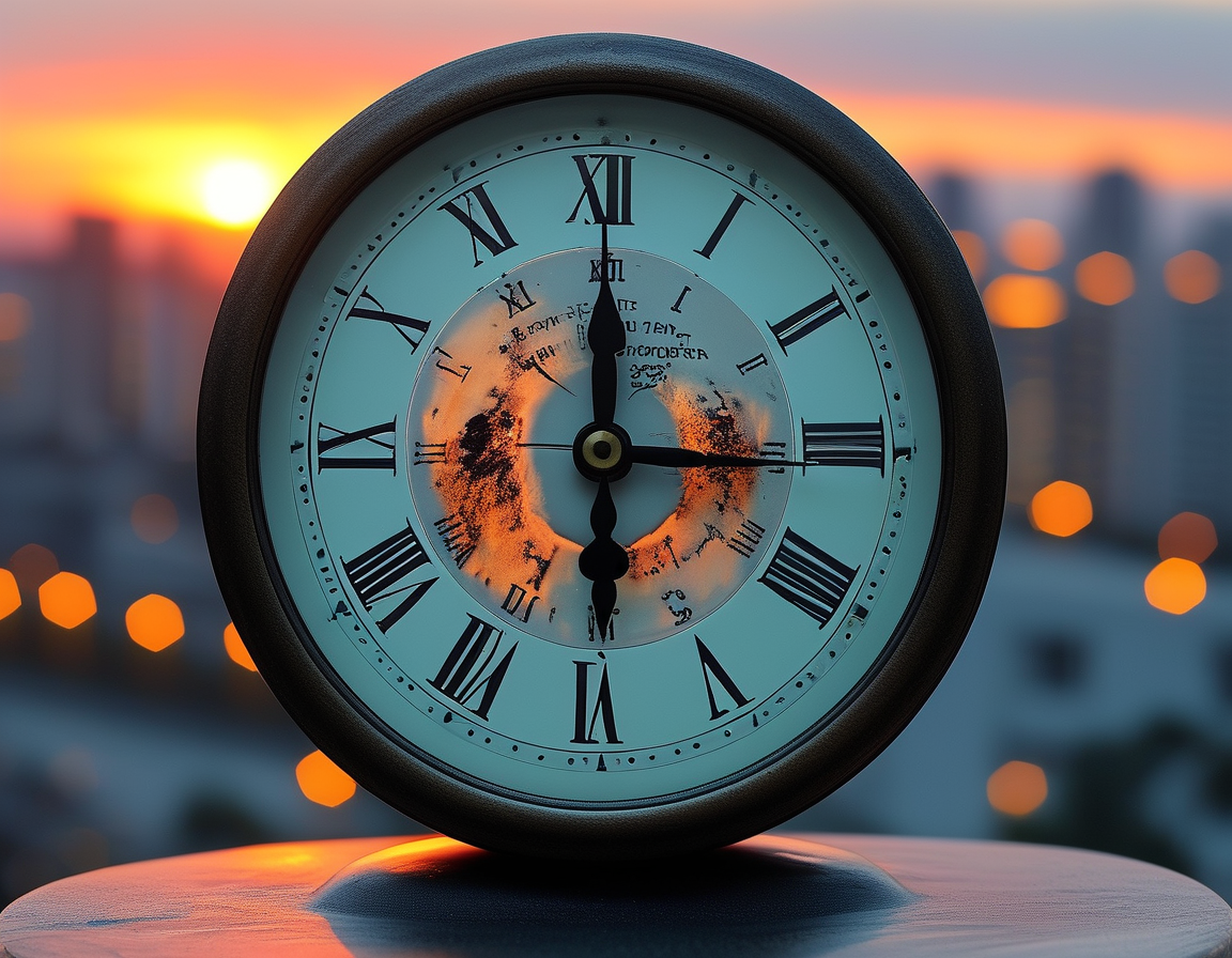 A clock displaying both standard time and daylight saving time with a backdrop of a sunrise, symbolizing the debate over time changes and their effects on daily life.