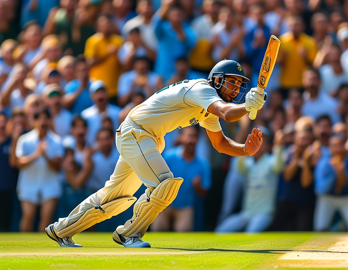 A dynamic action shot of Jasprit Bumrah delivering a fast ball on the cricket field, showcasing his unconventional bowling style and focus. Fans in the background cheer, amplifying the excitement of his performance.