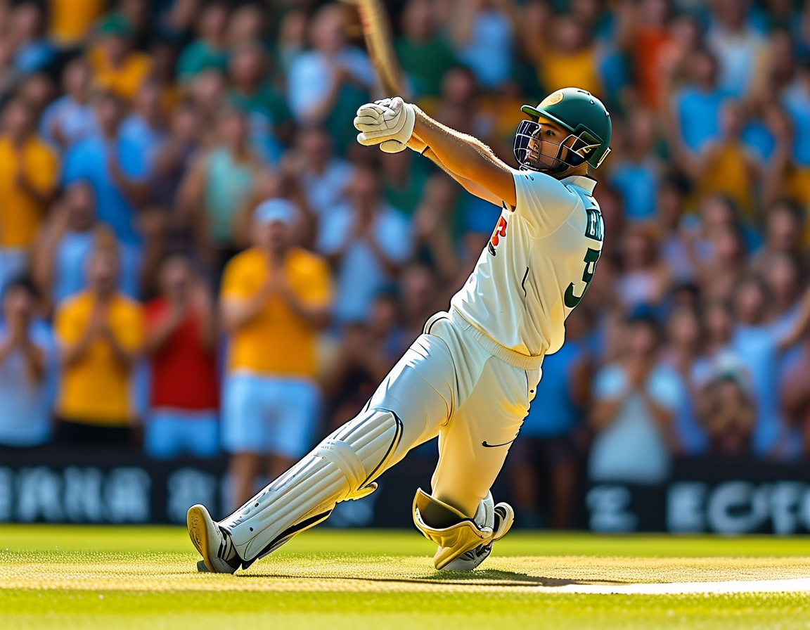 A close-up of Jasprit Bumrah's intense expression as he prepares to bowl, against the backdrop of a packed cricket stadium filled with enthusiastic fans, symbolizing the pressure and thrill of fast bowling.