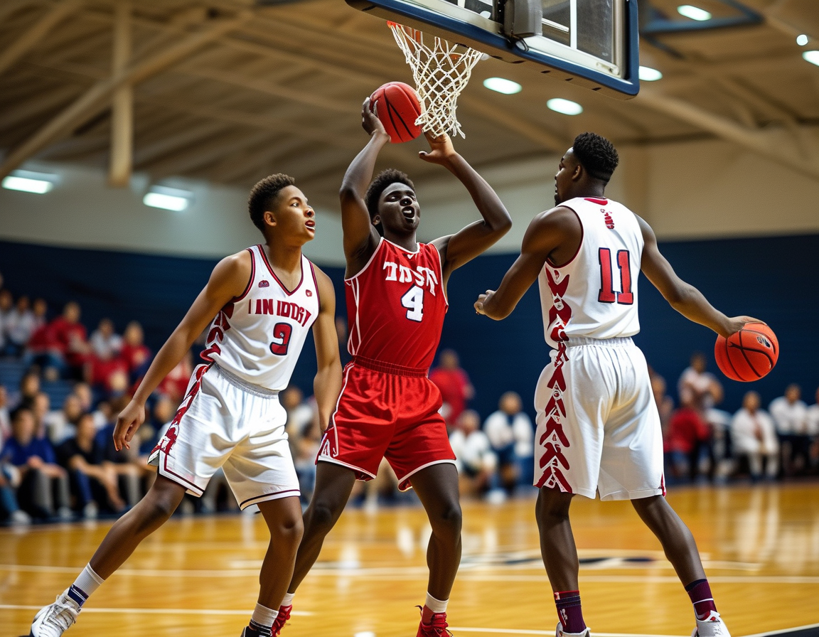 A vibrant scene from a college basketball game featuring the Indiana Hoosiers in their iconic crimson uniforms facing off against the Nebraska Cornhuskers in their traditional white and red attire, showcasing intense competition on the court.