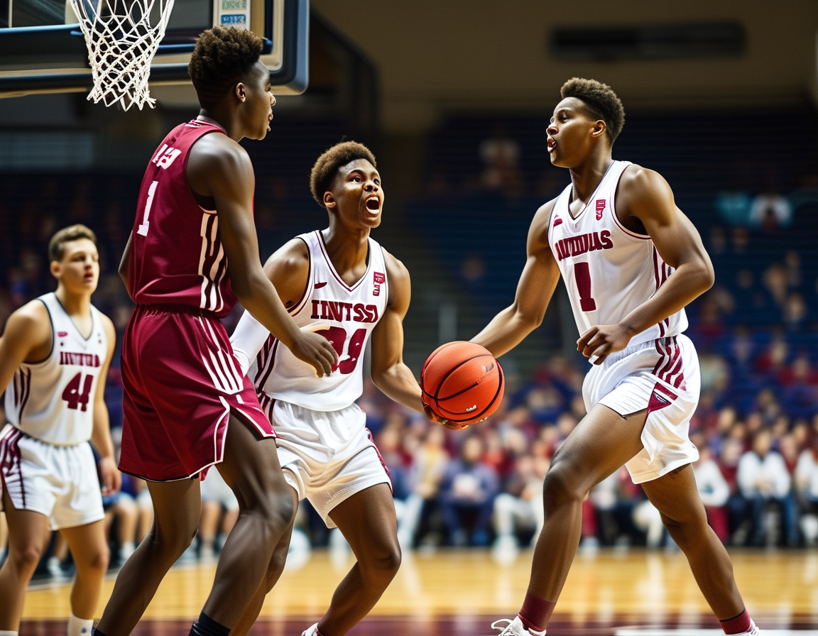 Fans cheering passionately in the stands, wearing colors of both teams, creating an electric atmosphere in the arena as they anticipate the pivotal matchup between Indiana and Nebraska.