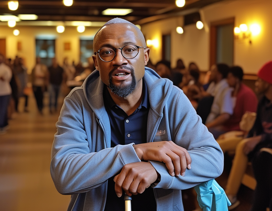 Randy Moss speaks on Instagram Live, using a cane, with a heartfelt expression, symbolizing his fight against cancer and the strength derived from community support.