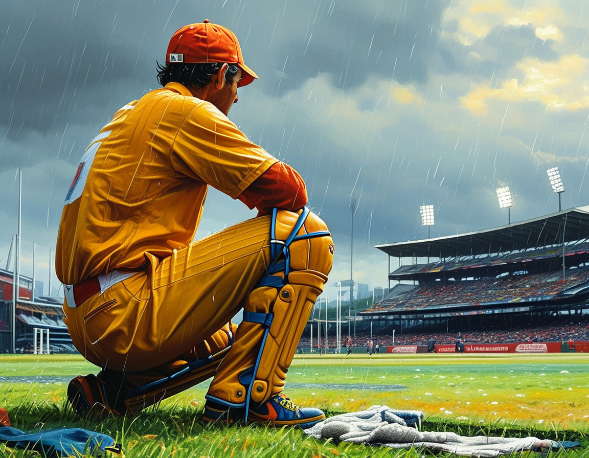 A focused Steve Smith sits in the rain delay at the Gabba, engrossed in solving a crossword puzzle, with cricket gear and an overcast sky in the background.