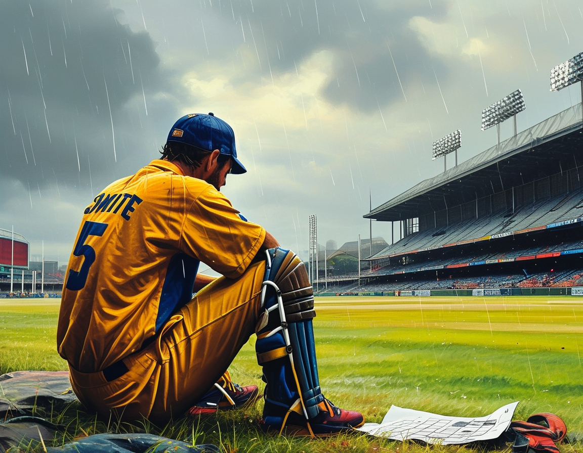 The rain falls steadily at Gabba as fans watch cricket, with Steve Smith in the foreground, deeply involved in his crossword puzzle, representing a blend of sport and leisure.