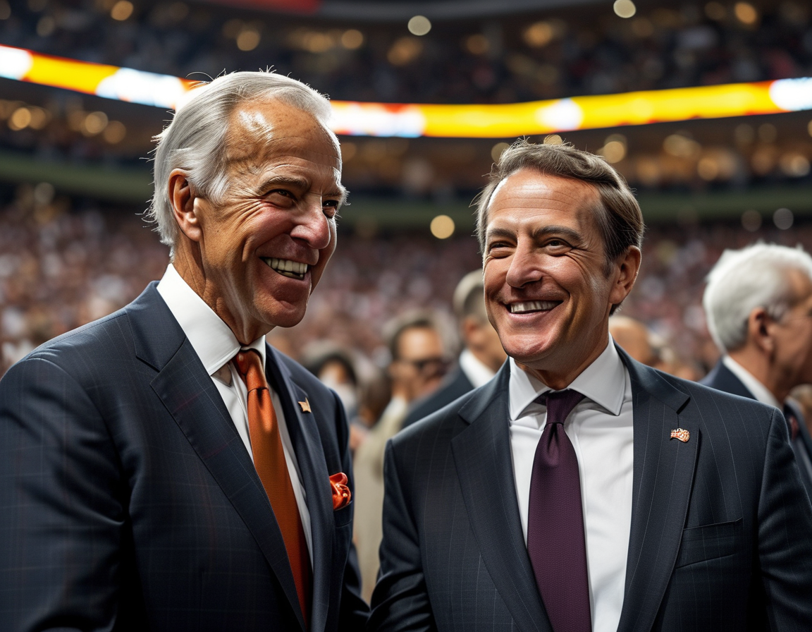 An image capturing Ron DeSantis and Donald Trump smiling and shaking hands at a crowded stadium, symbolizing their public reunion and potential political collaboration as they prepare for the 2024 elections.