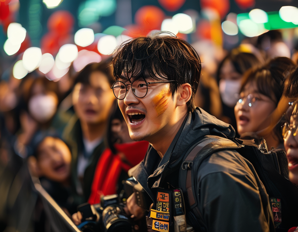 Director Hwang Dong Hyuk addressing the press at the premiere of 'Squid Game 2', highlighting the series' themes of societal issues and the interconnectedness of entertainment and reality.