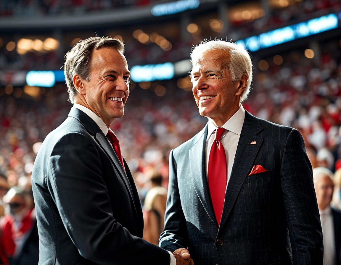 A close-up shot of DeSantis and Trump sharing a light moment, with excited fans in the background, reflecting the atmosphere of anticipation surrounding their joint appearance.