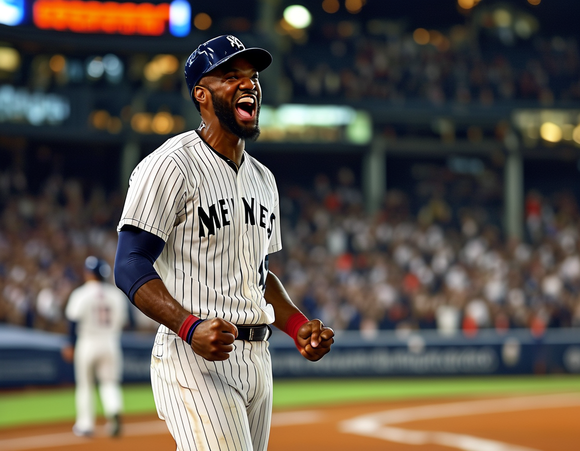 An image of Devin Williams in his Yankees uniform celebrating on the field, showcasing excitement and anticipation for the upcoming season.
