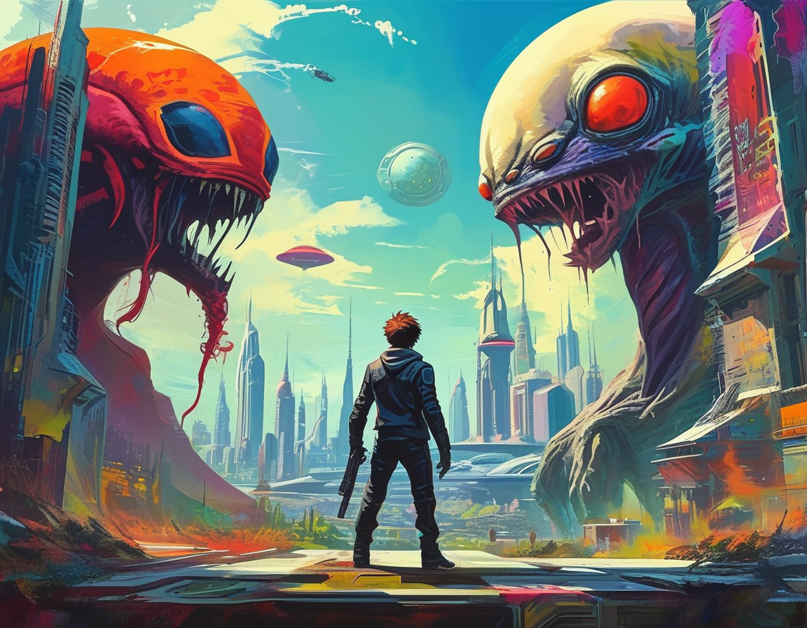 A colorful, dynamic illustration of CoryxKenshin standing heroically in front of a futuristic cityscape, showcasing characters from his new manga series, 'Monsters We Make', surrounded by alien monsters.