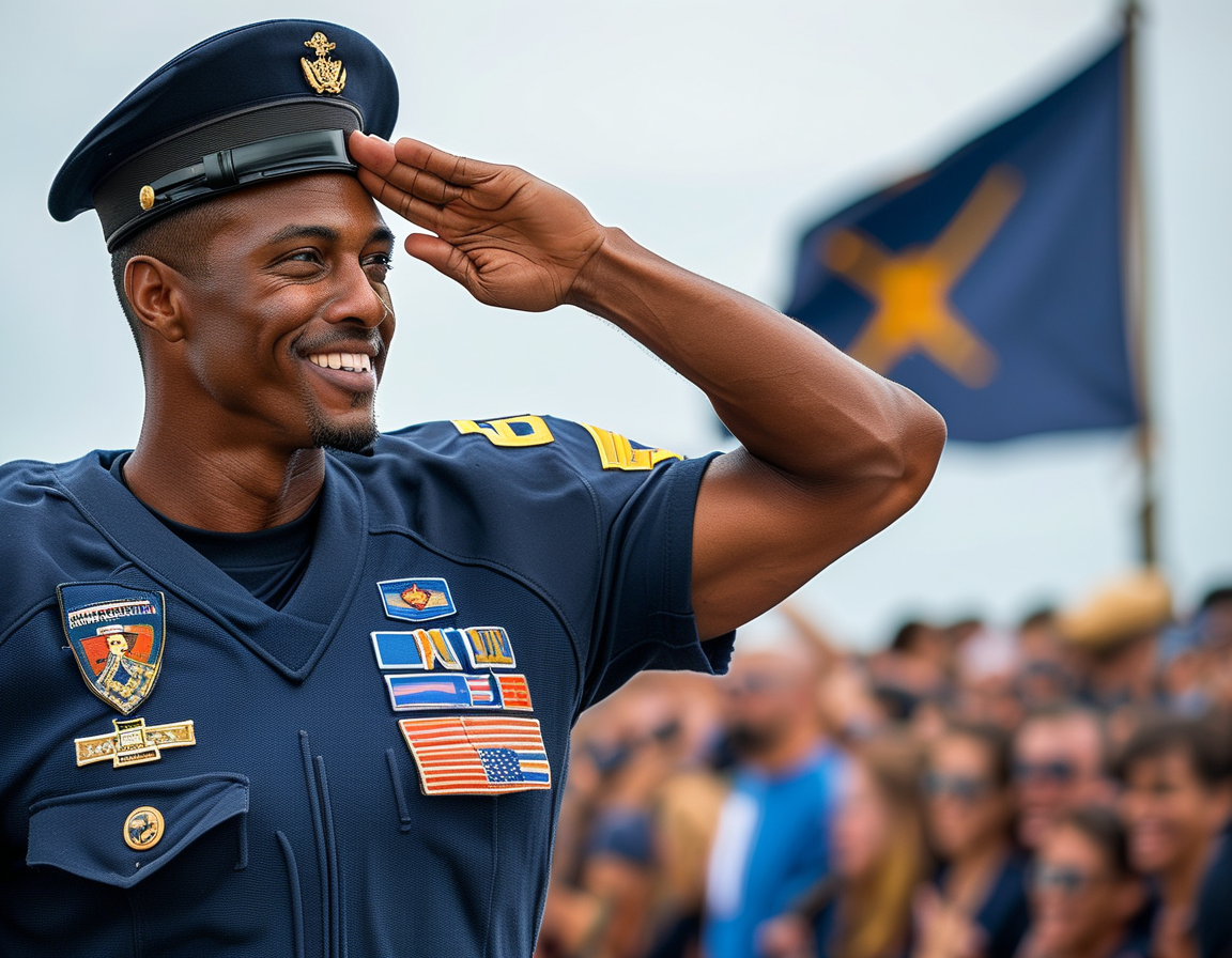 A Navy Midshipman wearing a specially designed jersey that pays tribute to the Jolly Rogers, with dark navy hues and bold letters showcasing the squadron’s legacy. The crowd is electrified with excitement in the background.