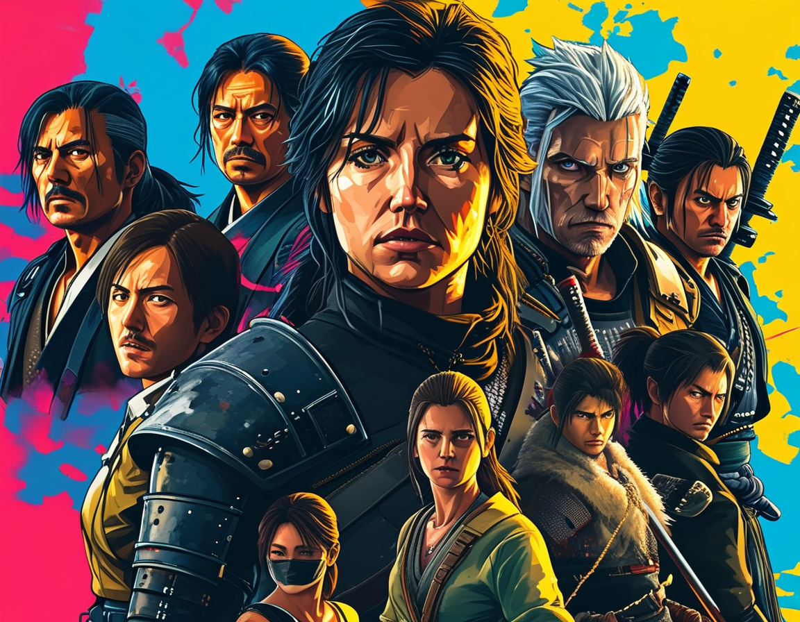 An illustration capturing the excitement of the Game Awards 2024, featuring iconic characters from revealed games like The Witcher 4, Onimusha, and Final Fantasy, all set against a vibrant backdrop symbolizing gaming culture.