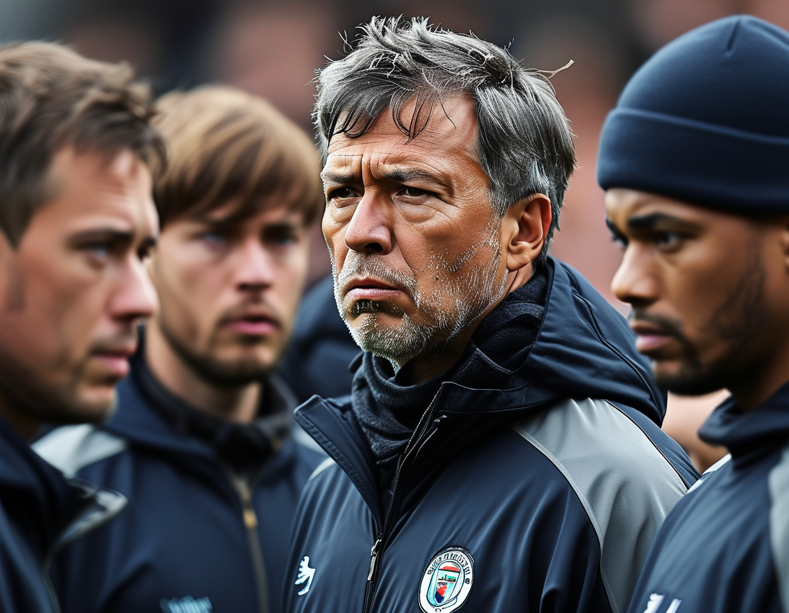 An intense image depicting Pep Guardiola with concern on his face, surrounded by subdued Manchester City players during a training session, highlighting the defensive crisis ahead of the derby.