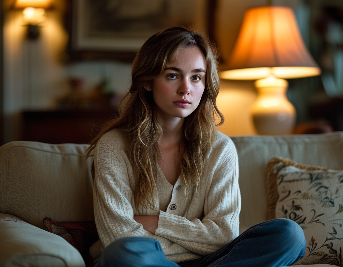 A candid shot of Lily Phillips sitting on a couch in her living room, reflecting on her experiences with a mix of determination and vulnerability in her eyes.