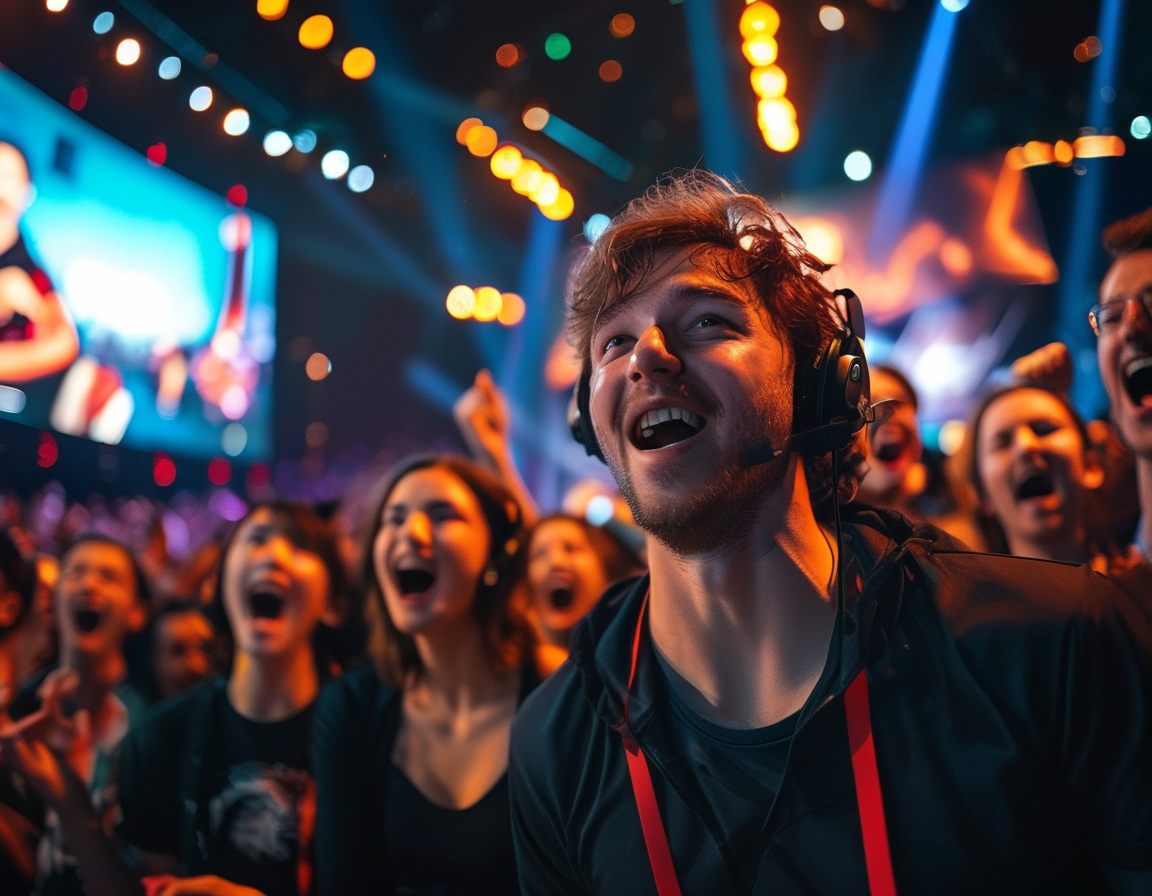 A vibrant scene from The Game Awards 2024, featuring the jubilant audience reacting to winners, with bright lights and a large screen showing game trailers in the background.