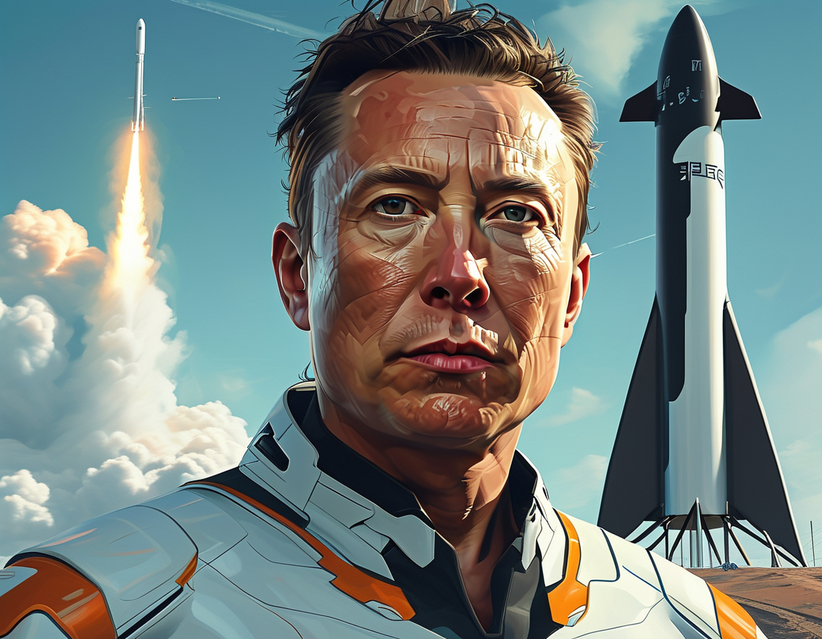 A dynamic image of Elon Musk at a Tesla factory, with the background featuring spacecraft and futuristic AI technology, symbolizing innovation and ambition in the tech industry.