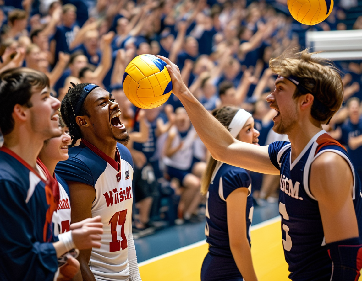 An action-packed moment from the Wisconsin vs. Texas A&M volleyball match, showcasing players diving for the ball with intensity and focus amidst a cheering crowd.