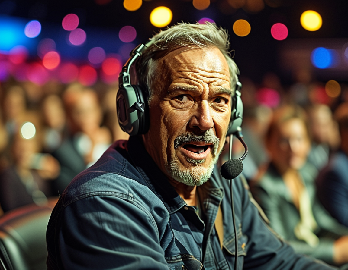 An excited crowd at the Game Awards 2024, with Harrison Ford on stage giving a heartfelt endorsement to voice actor Troy Baker, who portrays Indiana Jones in the latest video game.