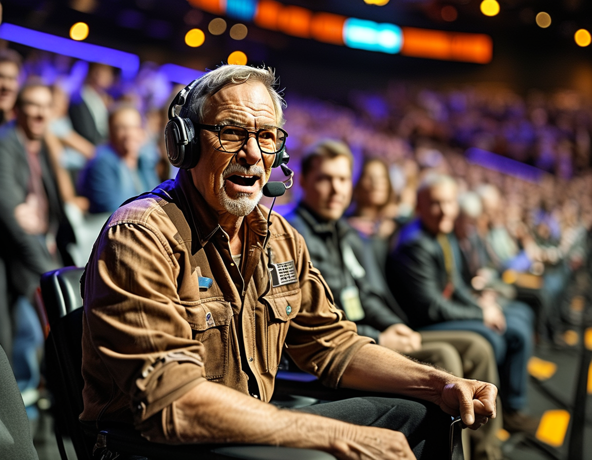 A close-up of Harrison Ford gesturing enthusiastically towards Troy Baker, who stands beside him looking humbled, embodying the spirit of Indiana Jones in a vibrant Game Awards setting.