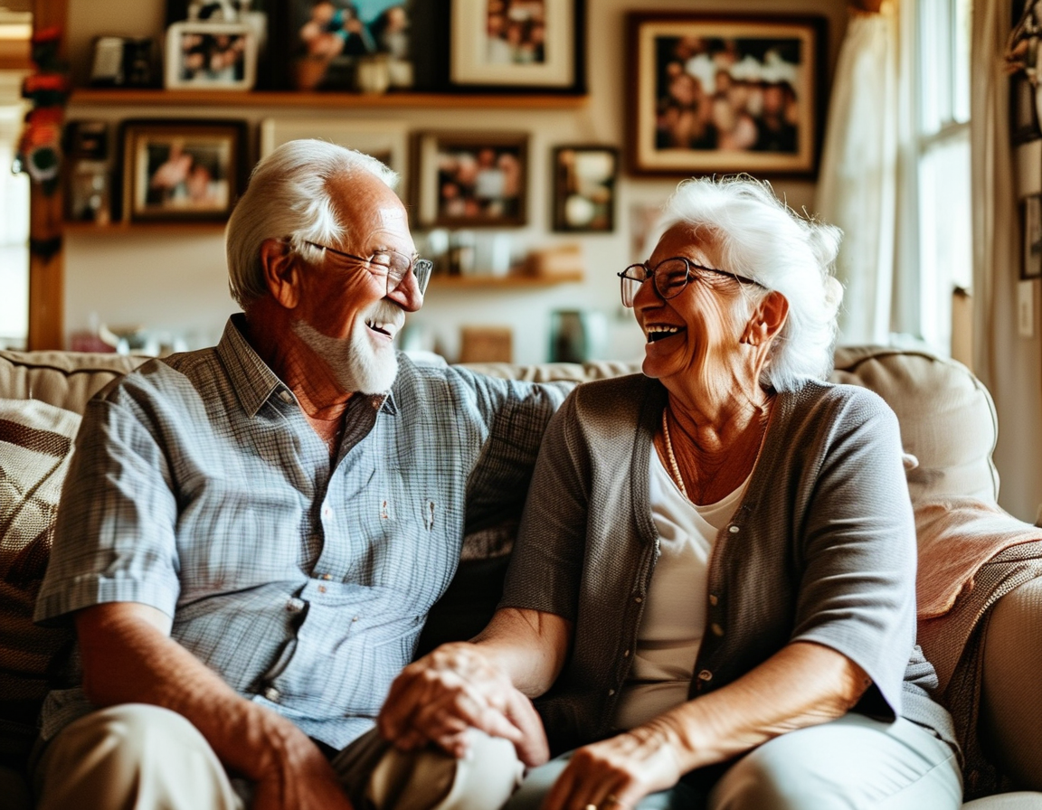 An image of an old couple smiling at each other, embodying a lifetime of love and laughter, sitting together in a cozy living room filled with family photos.