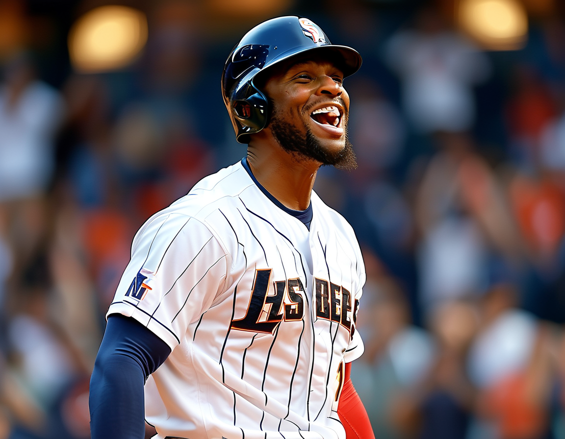An action shot of Kyle Tucker celebrating after hitting a home run during a game, wearing Houston Astros gear, showcasing his powers as an All-Star outfielder.