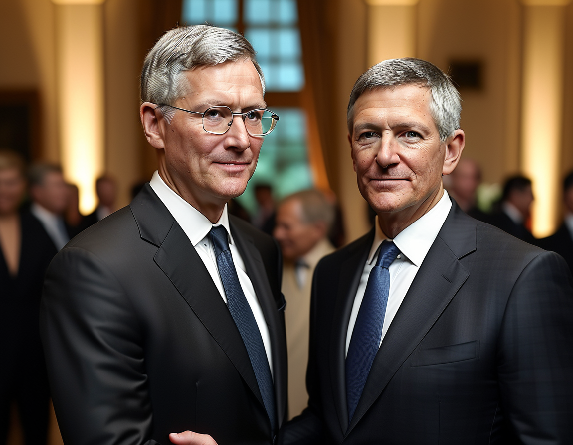A photo of Tim Cook and Donald Trump shaking hands at Mar-a-Lago, symbolizing the growing ties between tech leaders and political power. Cook appears optimistic, while Trump presents a confident smile, suggesting potential collaborations.
