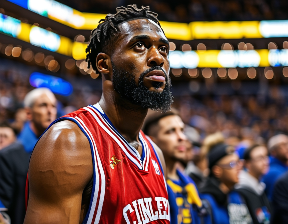 A somber Philadelphia 76ers fan in the stands with a worried expression, holding a Joel Embiid jersey, as the team plays against the Indiana Pacers in the Wells Fargo Center.
