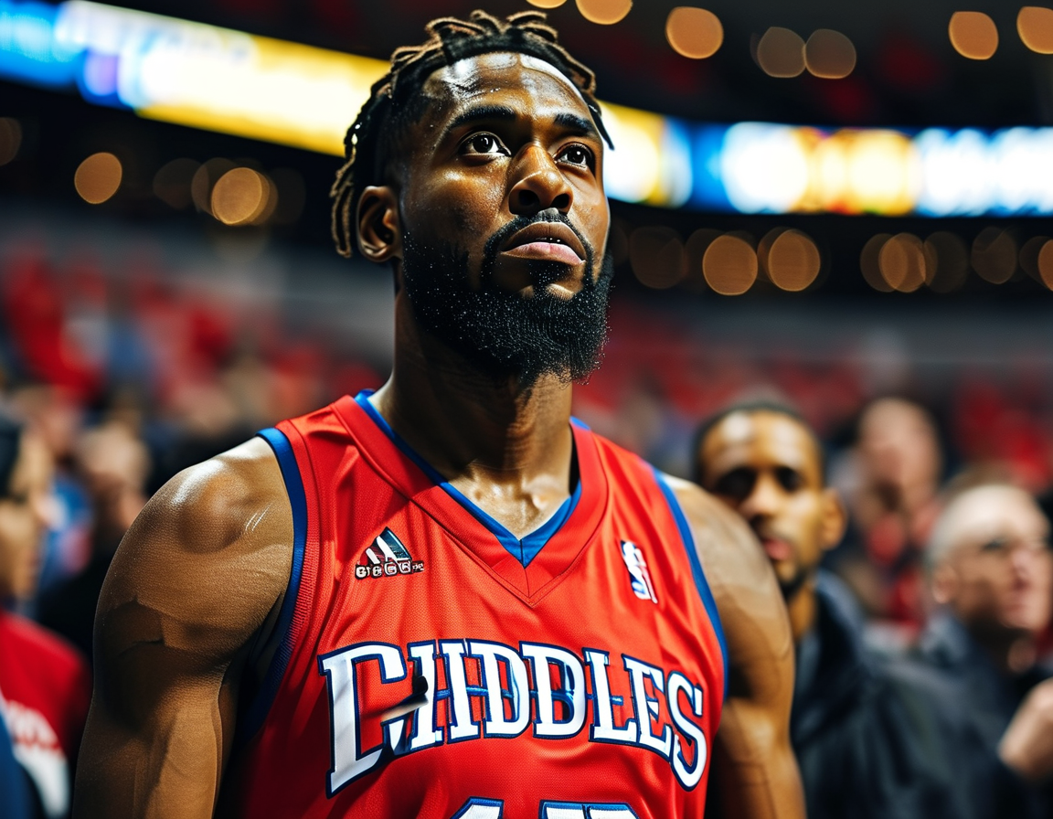 Joel Embiid being assisted off the court after sustaining an injury during the game against the Indiana Pacers, with players and fans looking on in concern.